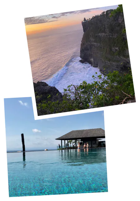 Two holiday photos: a sunset over sea cliffs and an infinity pool looking out to sea