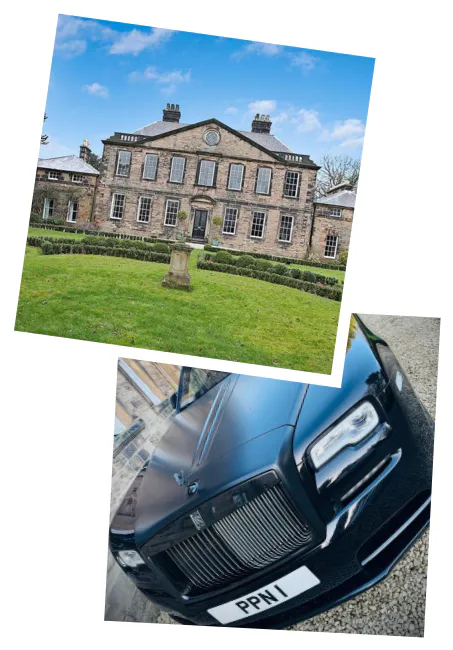 Two photos: a Georgian country house and a black luxury car with the plate PPN 1